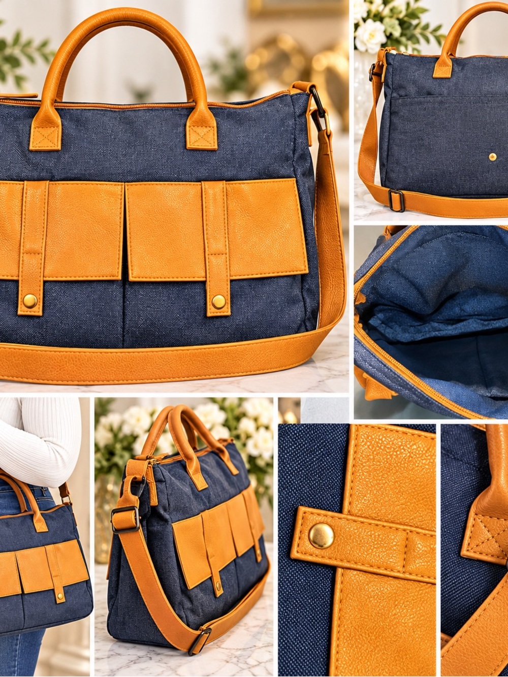 Women’s Navy and Tan Structured Satchel Handbag